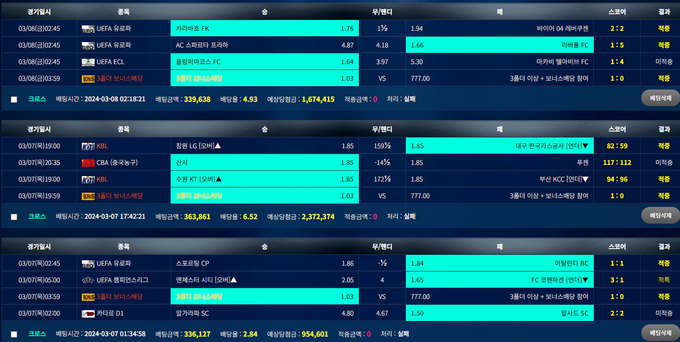 심해 먹튀사이트에 매번 30만원씩 입급하여 일정하게 배팅을한 증거자료