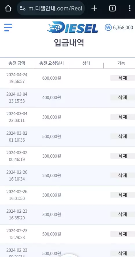 디젤 먹튀사이트에 60만원을 입금을 진행한 증거자료